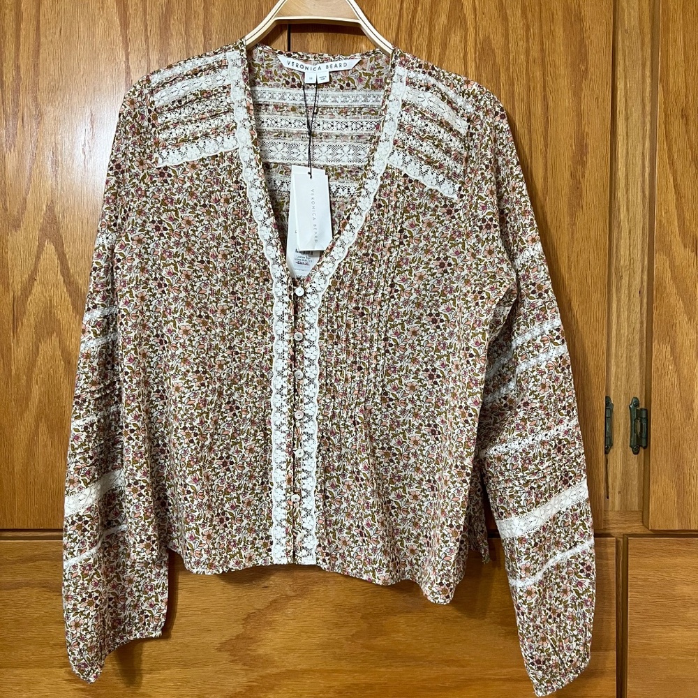 Veronica Beard Lyanna lace-trimmed floral-print cotton shirt NWT - Picture 6 of 10